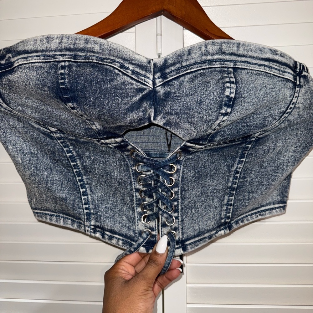 Fashion Nova Acid Wash Denim Corset Top